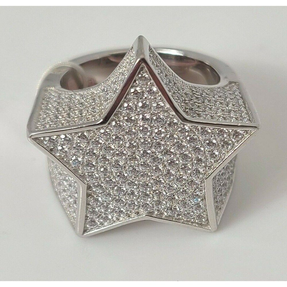 925 Silver Men's Large Star Ring Pave Iced Bling Sides Pinky Ring